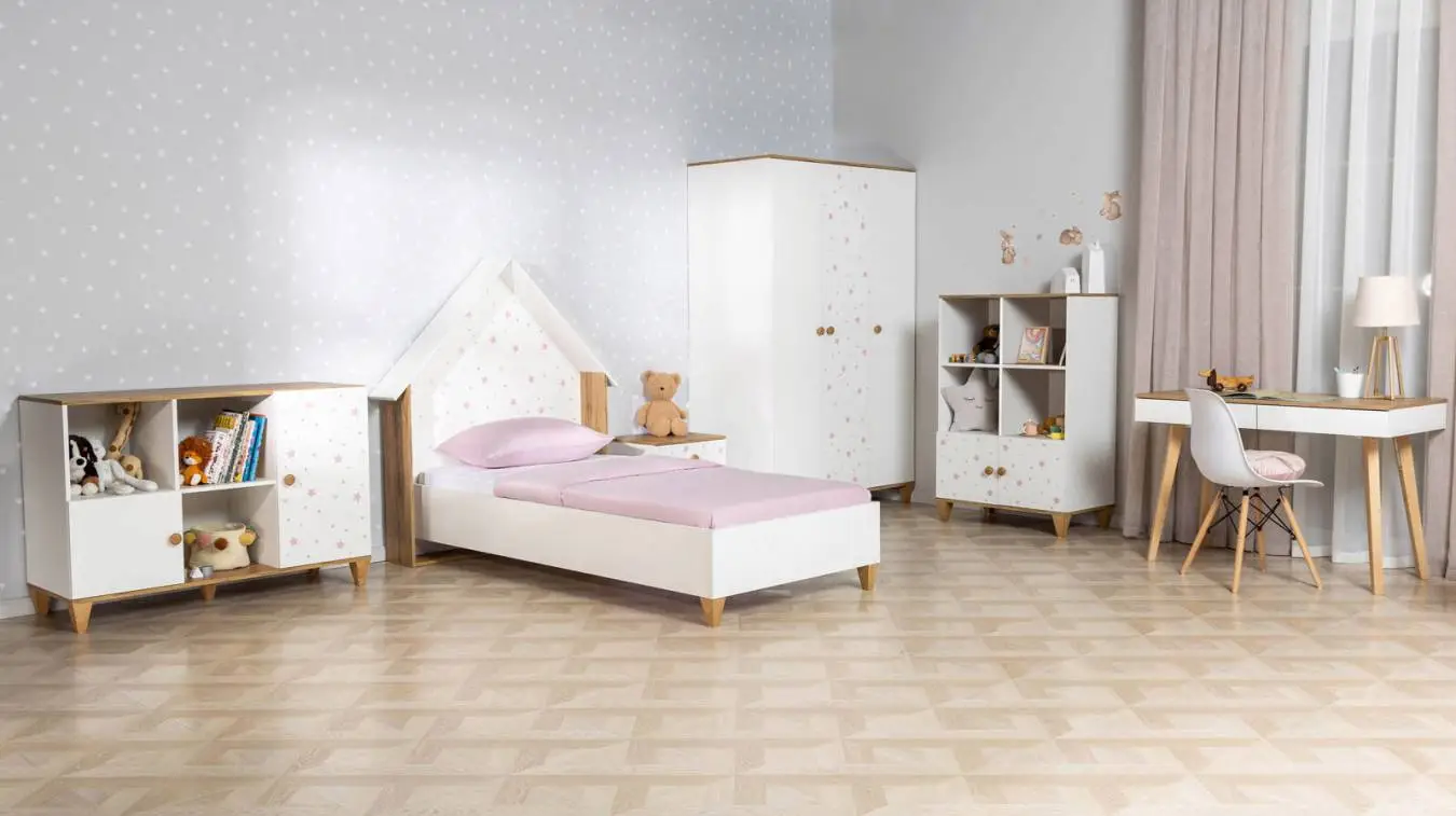 Детская кровать Nicky, цвет: Белый премиум + Дуб Натюрель + Розовый декор Askona фото - 2 - большое изображение
